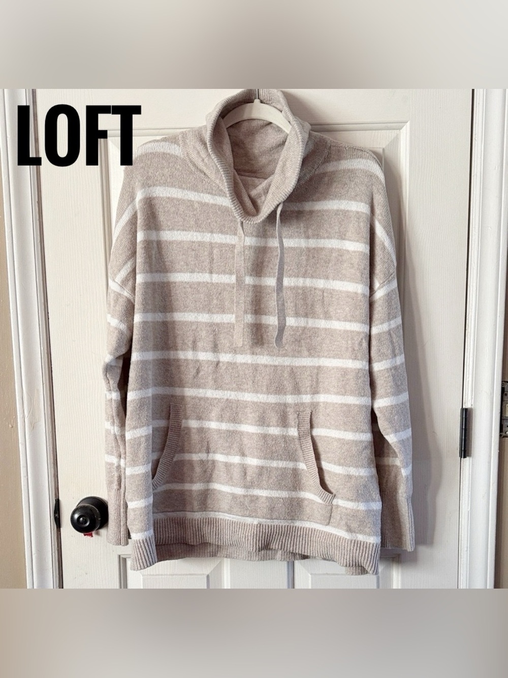 LOFT Beige and White Striped Cowl Neck Sweater. Sz XL